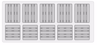 A rectangular ice cube tray with ten compartments, each with an attached lid.