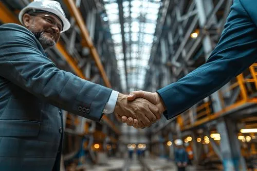 Two people in suits and hard hats shake hands at a construction site.