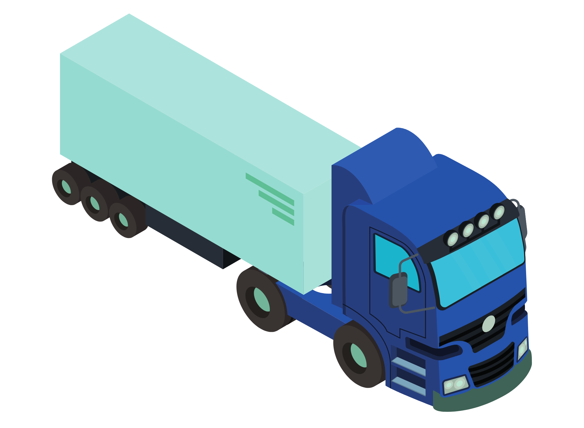 A blue semi-truck with a large light blue trailer is shown in side view.