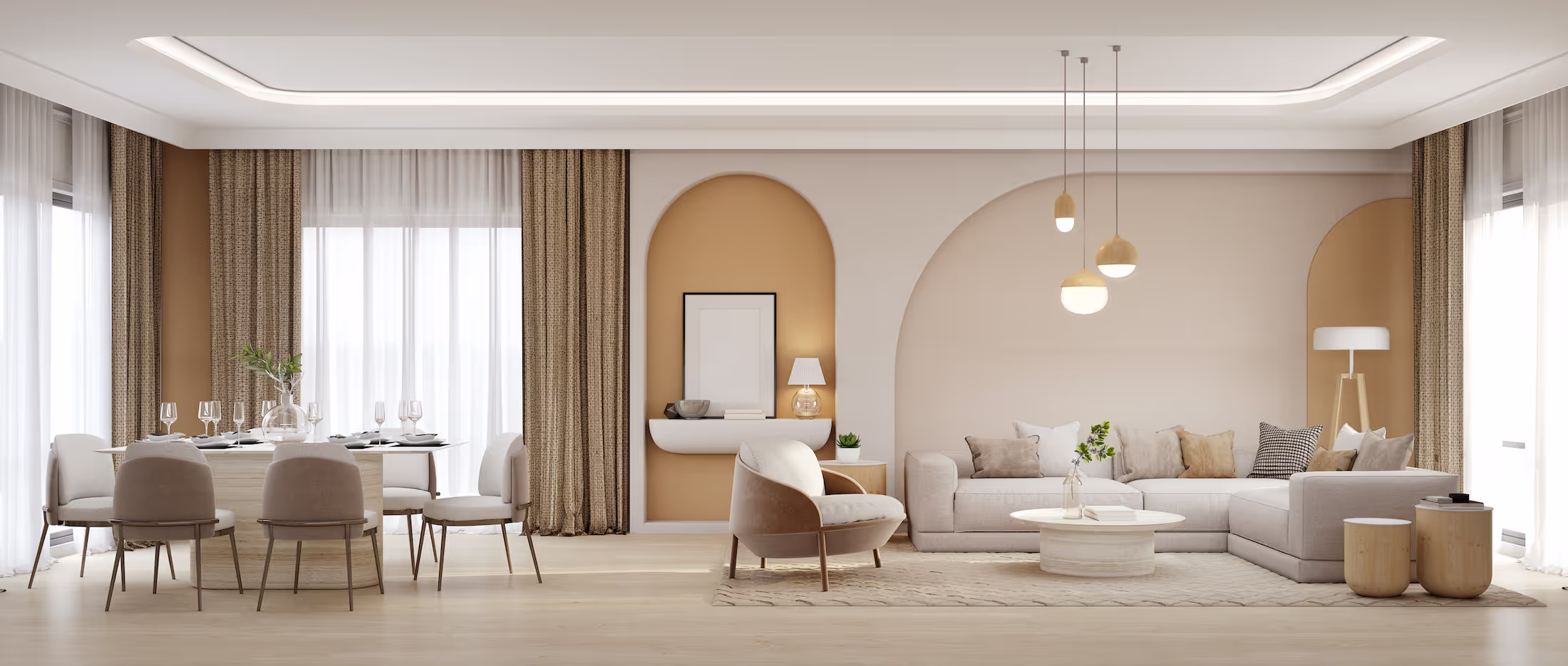 A modern living room with a large sofa, dining table set, and decorative lighting fixtures.