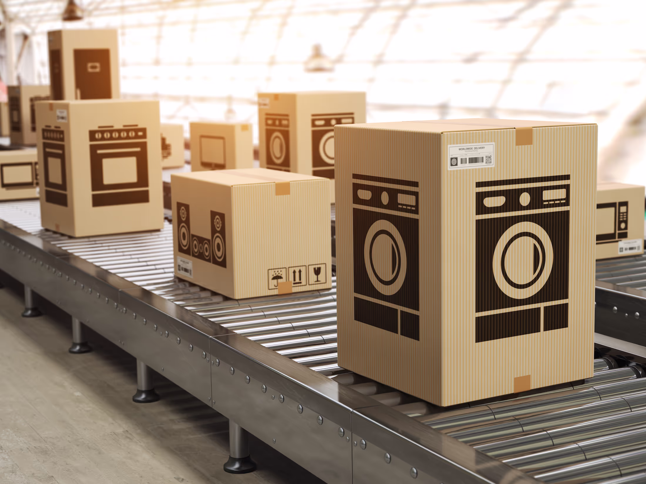Large cardboard boxes on a conveyor belt, moving through a warehouse.