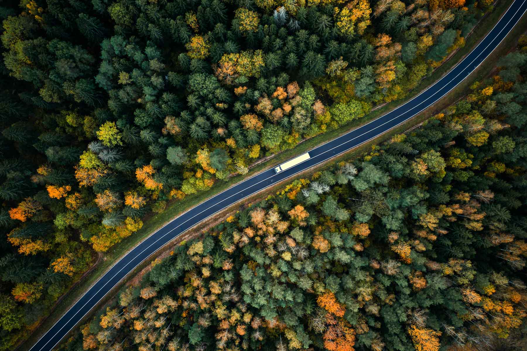 A truck drives along a winding road through a forest with autumn-colored trees.