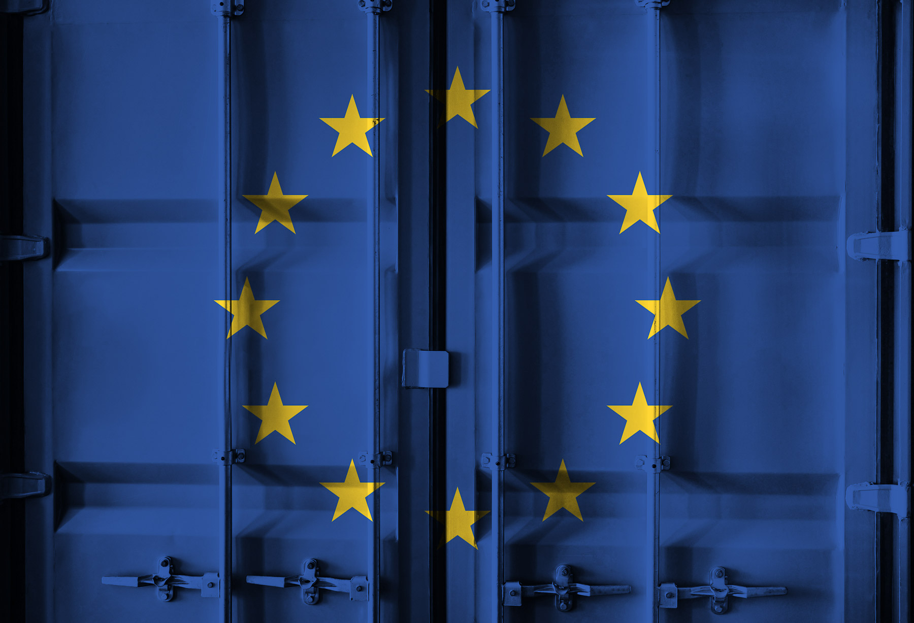 A shipping container door painted blue with yellow stars forming the European Union flag.
