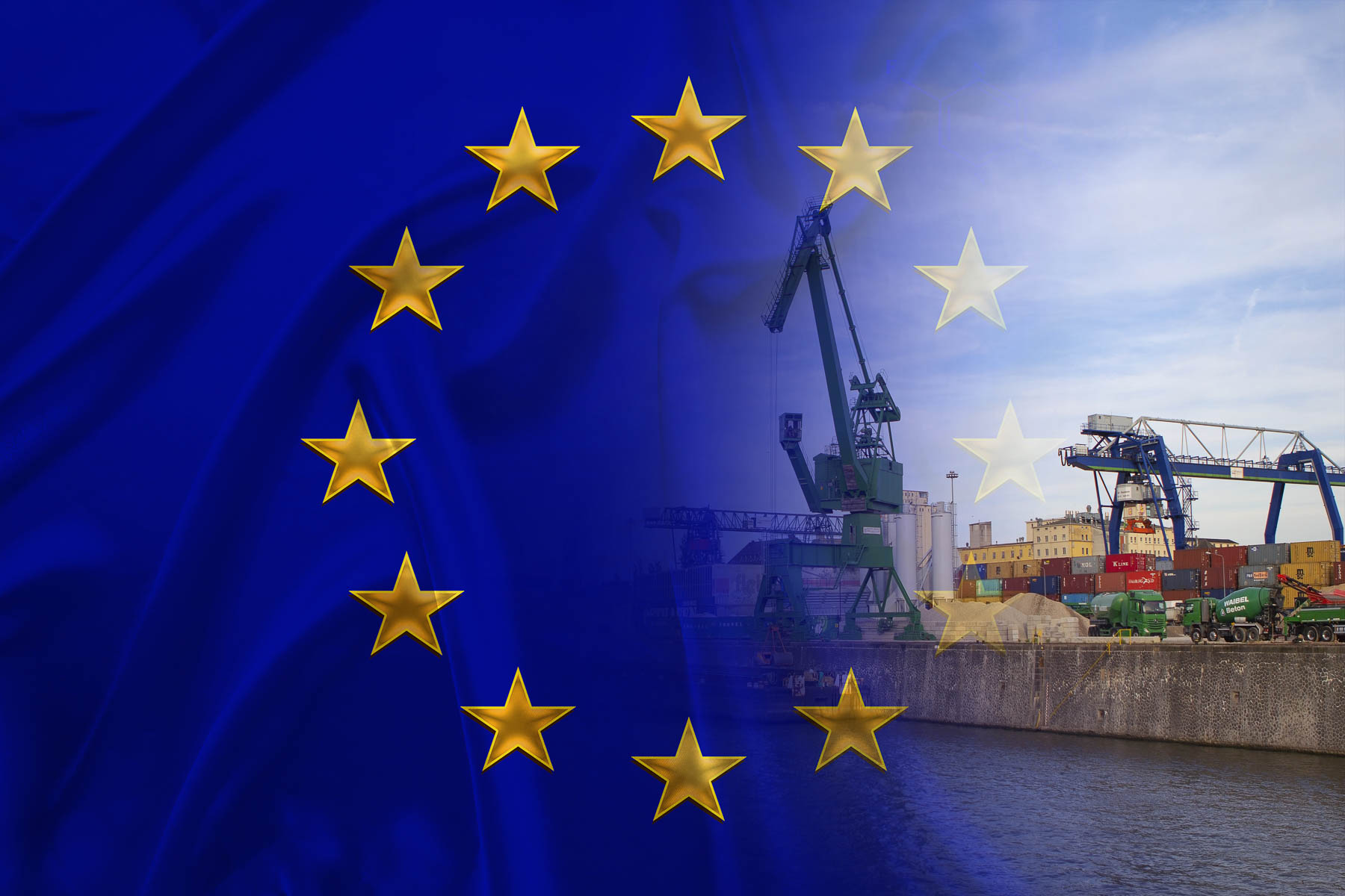European Union flag superimposed on an industrial port with cranes and shipping containers.