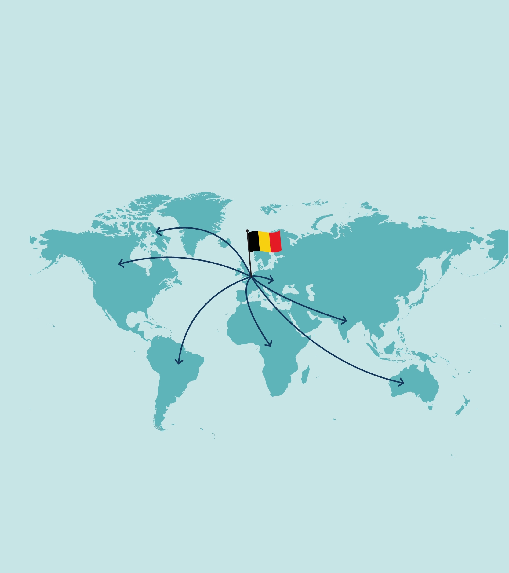 World map with Belgium flag in Europe and arrows pointing to various global regions from Belgium.