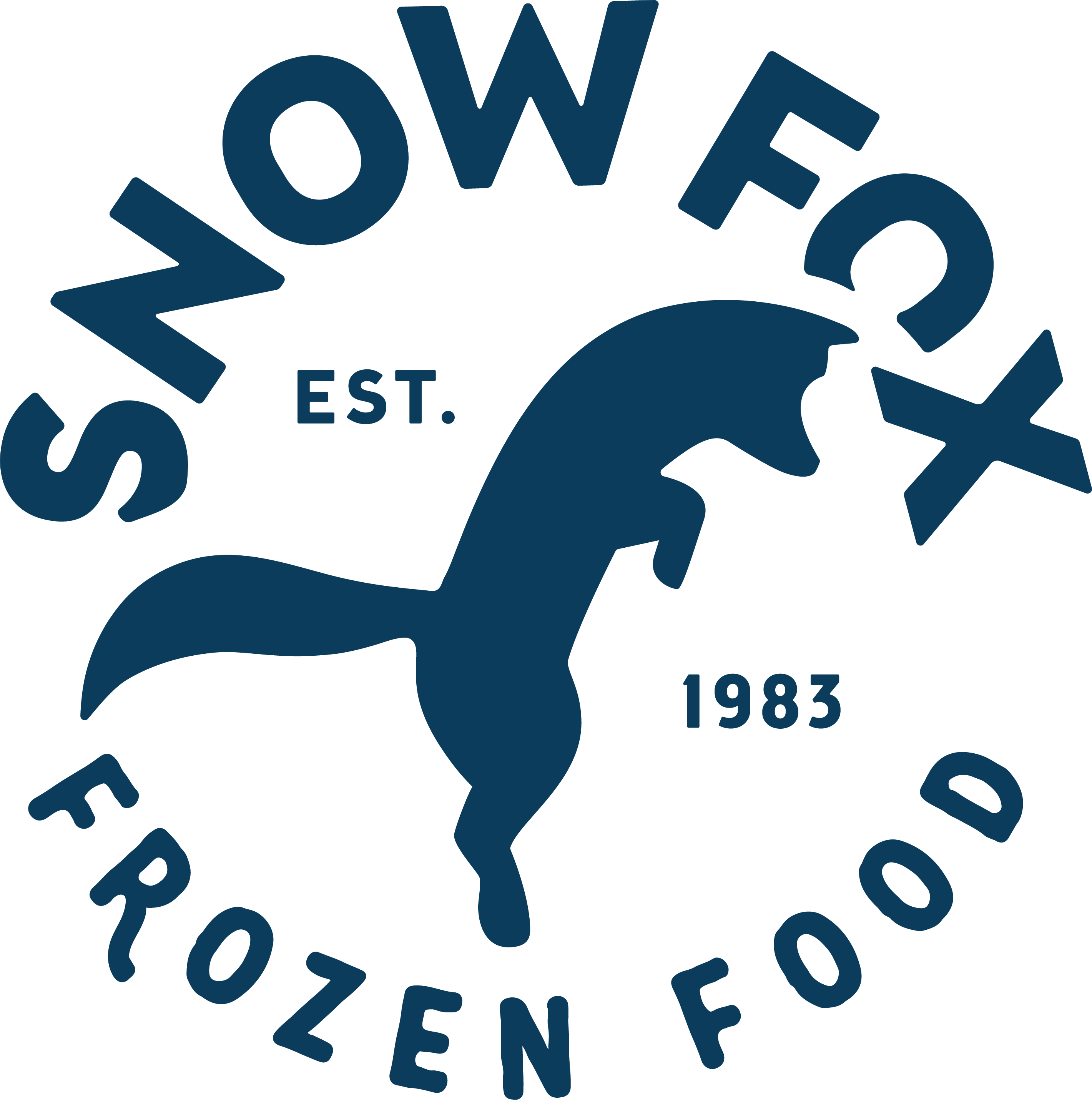 Snow Fox Frozen Food logo with a leaping fox silhouette and the text EST. 1983.