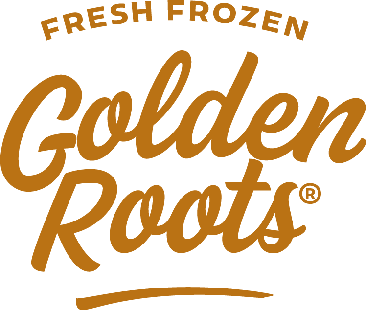 Golden Roots brand logo with text Fresh Frozen in stylized gold font.