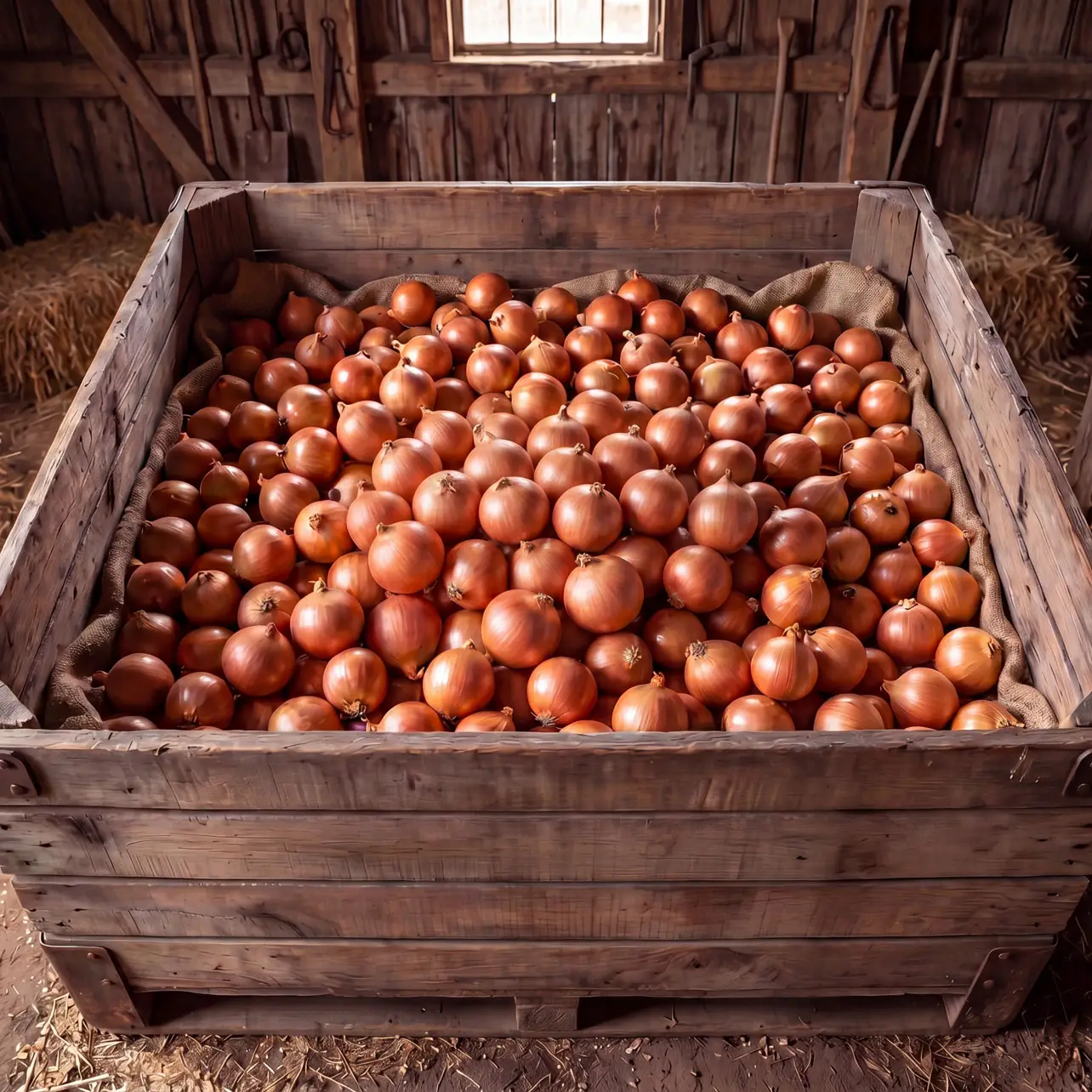 Fresh onion in wooden box