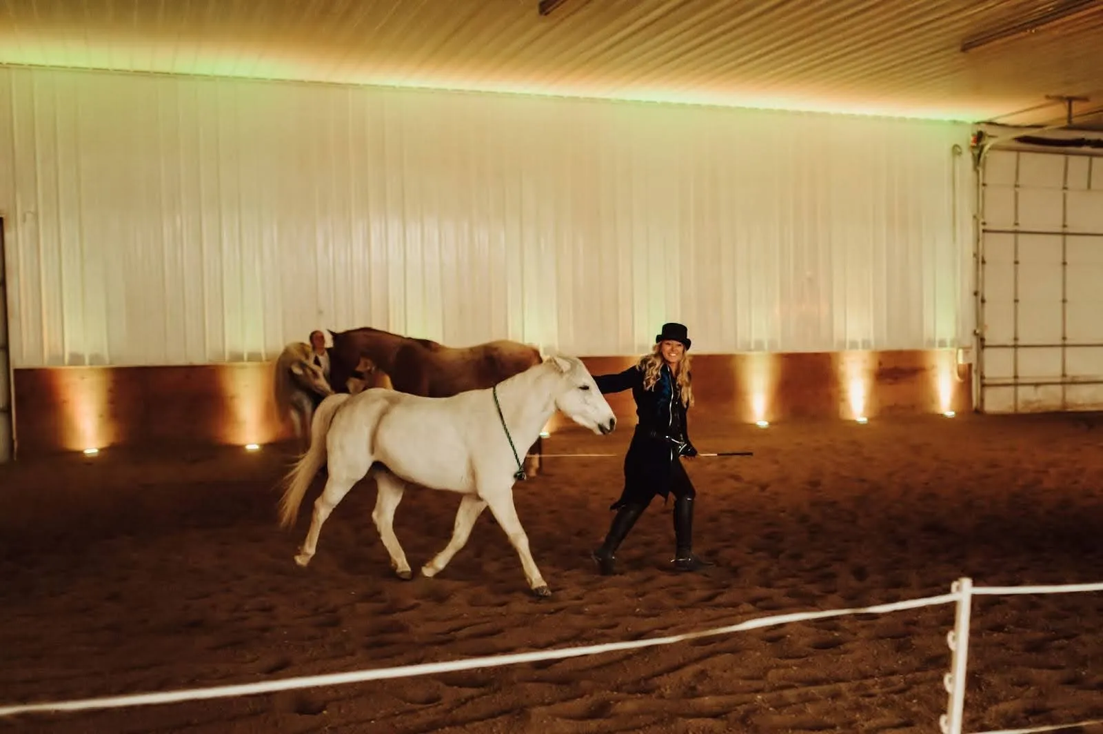 Two horses and trainer in an arena walking.