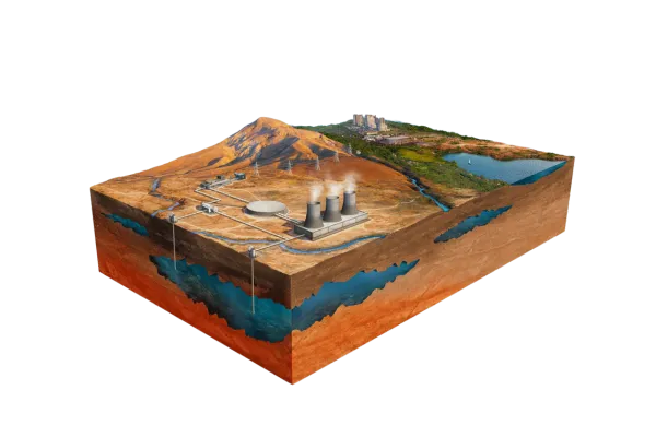 Aerial view of geothermal pools and mineral deposits in a volcanic region, showcasing Earth's geothermal activity