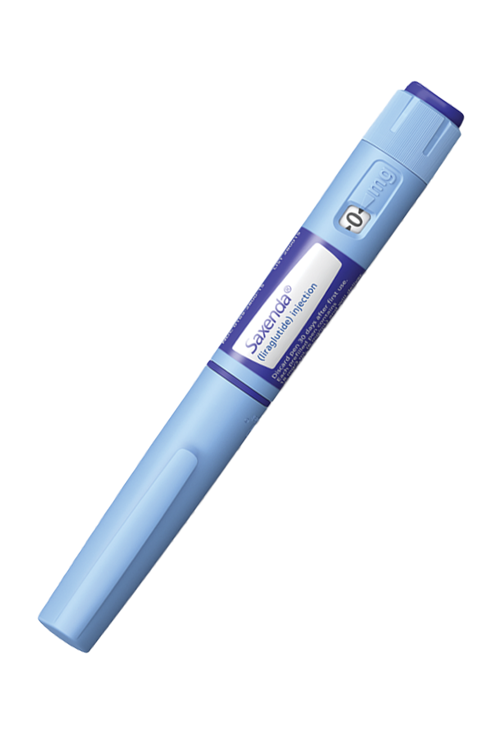 Saxenda liraglutide injection pen with dosage window showing 0 mg.