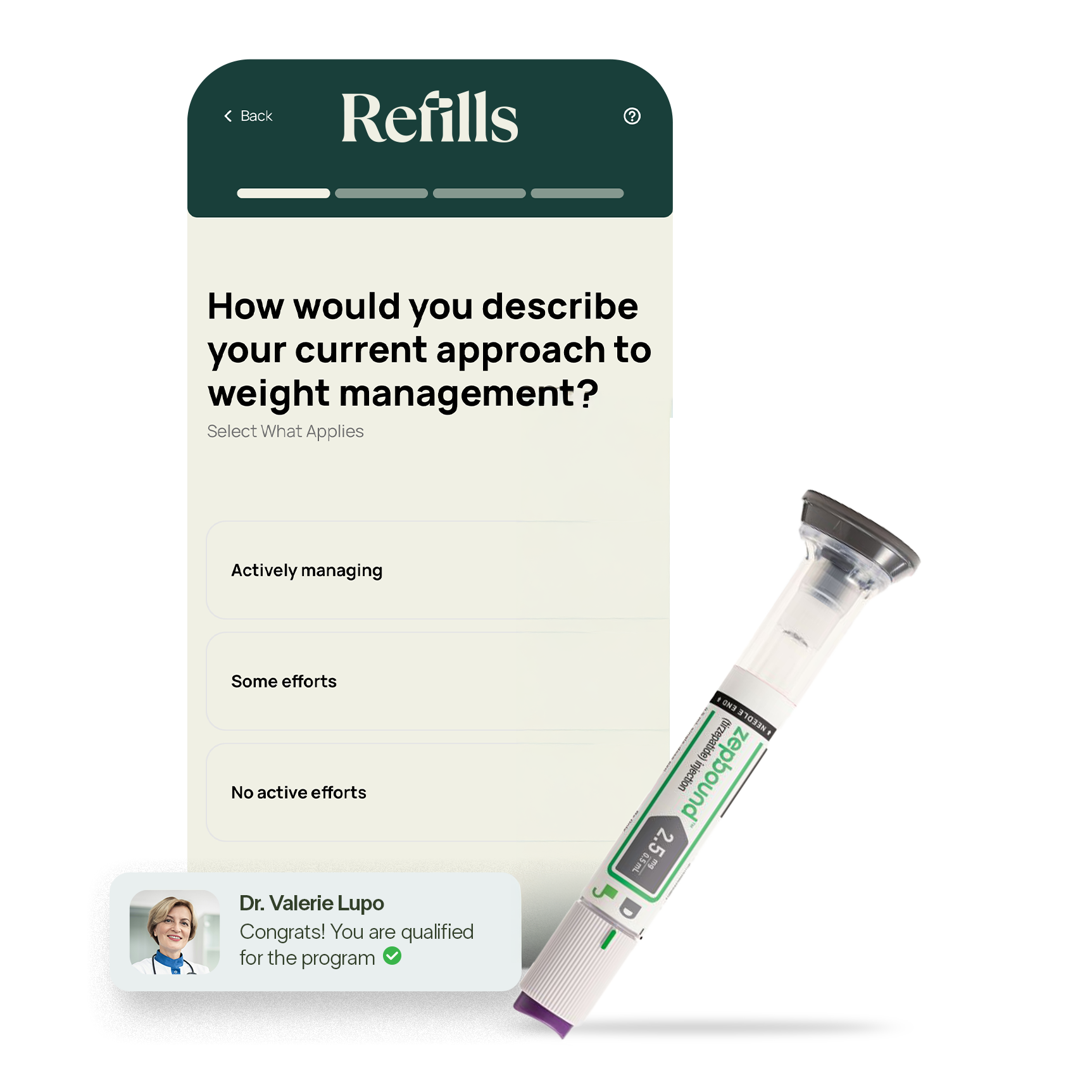 Screen showing a weight management question with options and a congratulatory message from Dr. Valerie Lupo, next to a Zepbound injectable pen labeled 2.5 mg.