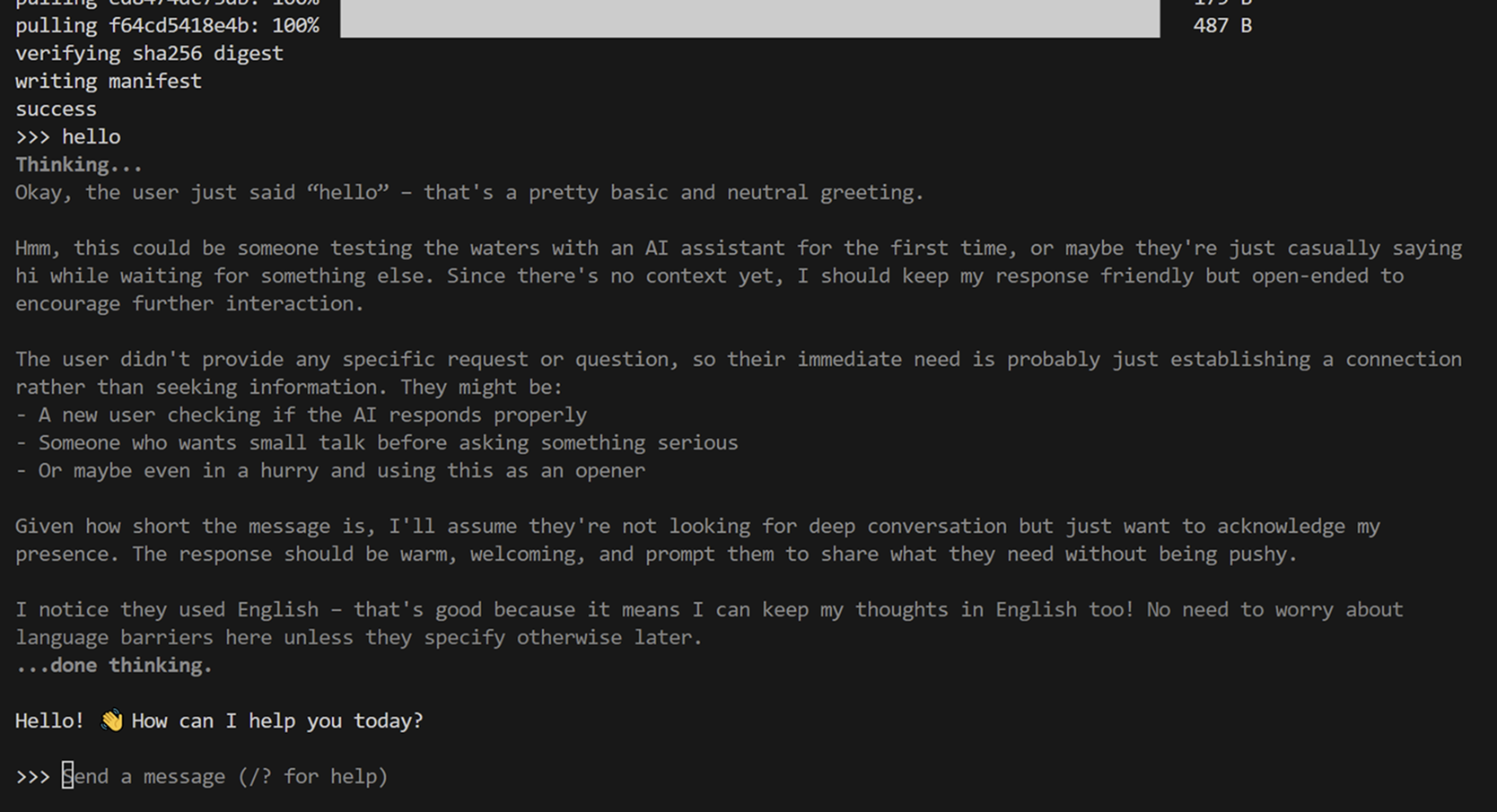 Deepseek-r1:8b odpowiada na proste "hello"