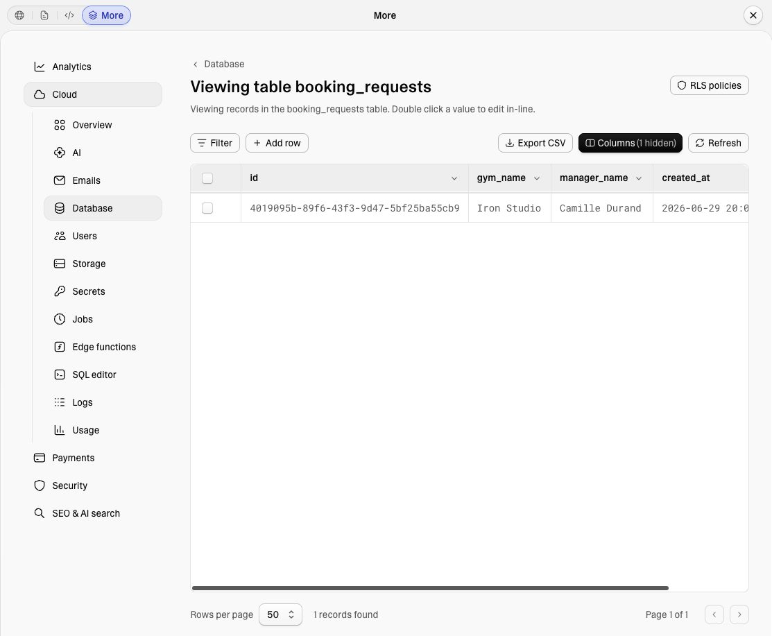 Table booking_requests — inscrits CoachSpot