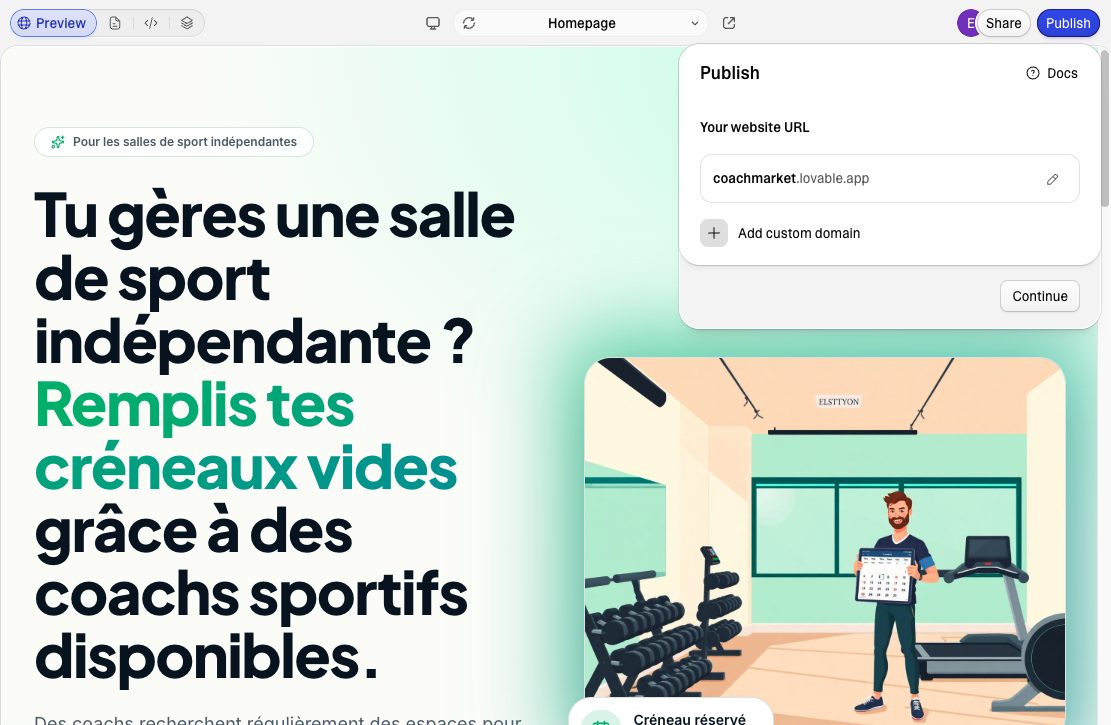 Lovable — écran Publish, URL et domaine custom