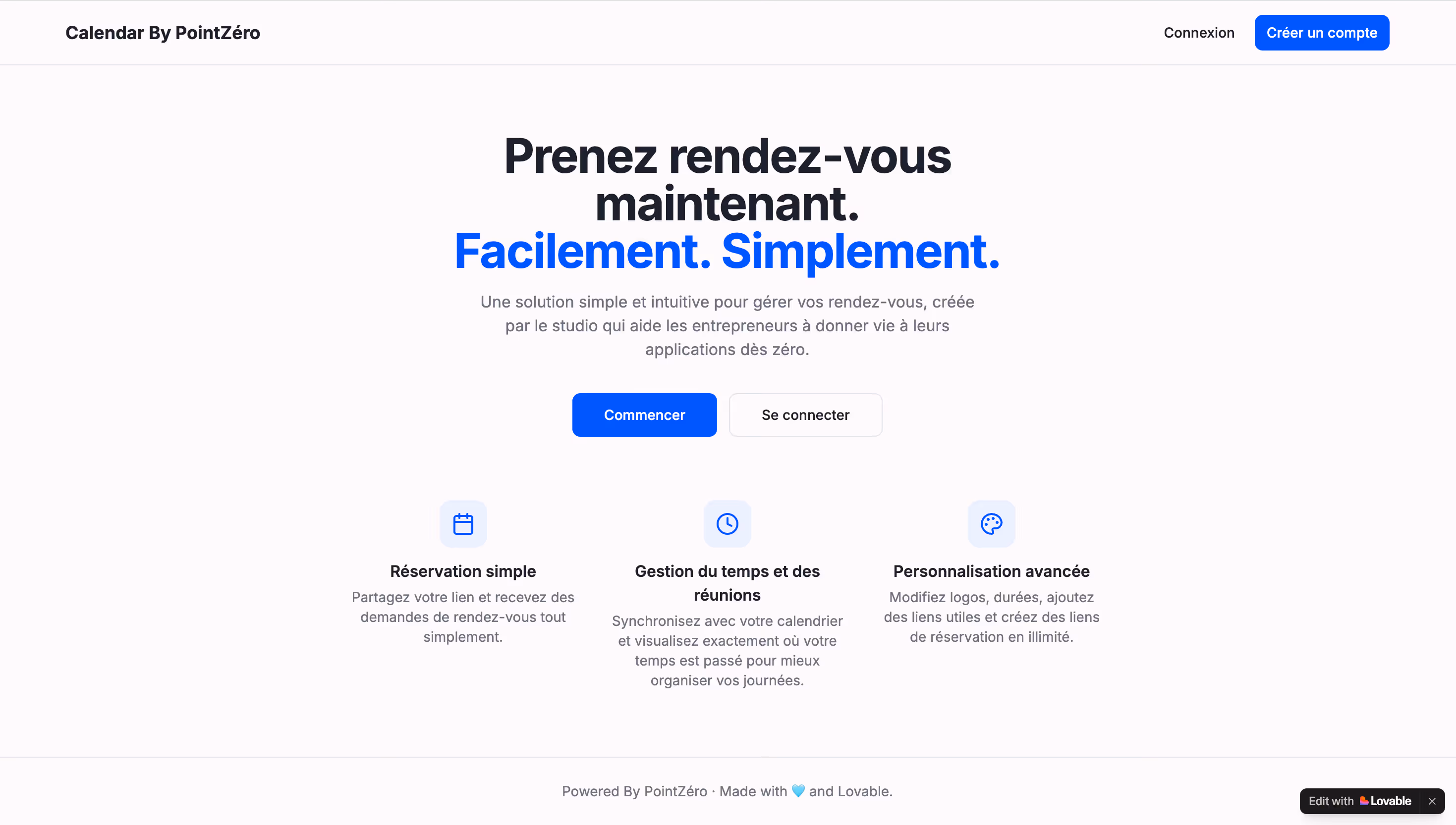 Interface d'un outil de prise de rendez-vous recréé sur Lovable