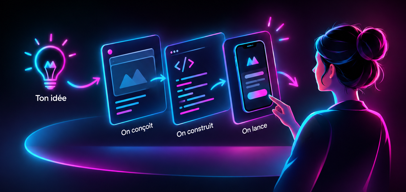 Illustration néon montrant un processus créatif : une ampoule symbolisant "Ton idée" mène à une maquette intitulée "On conçoit", suivie d'un écran de code "On construit", puis d'un smartphone avec une application prête à être utilisée nommé "On lance", avec une femme de dos interagissant avec l'écran du smartphone.
