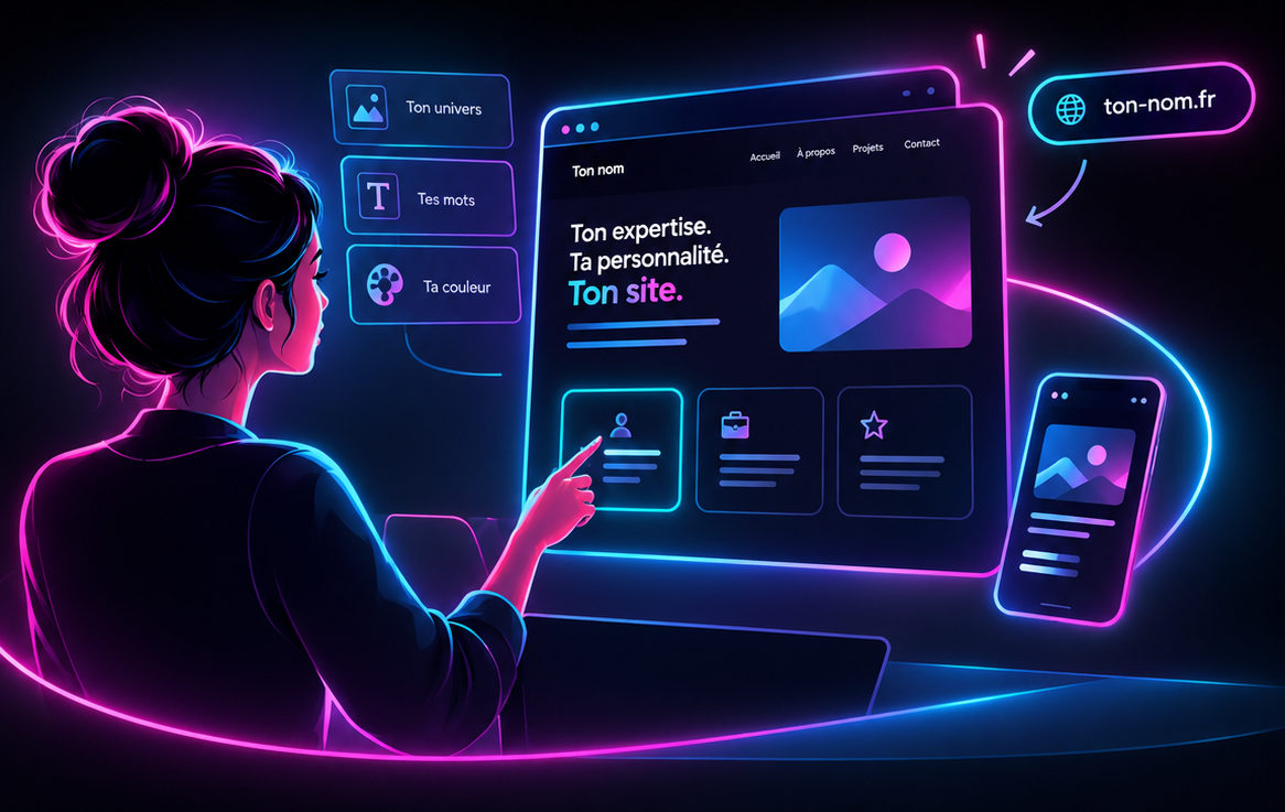 Illustration néon d'une entrepreneure qui découvre son site vitrine professionnel sur ordinateur et mobile, avec son univers, ses mots, ses couleurs et son nom de domaine