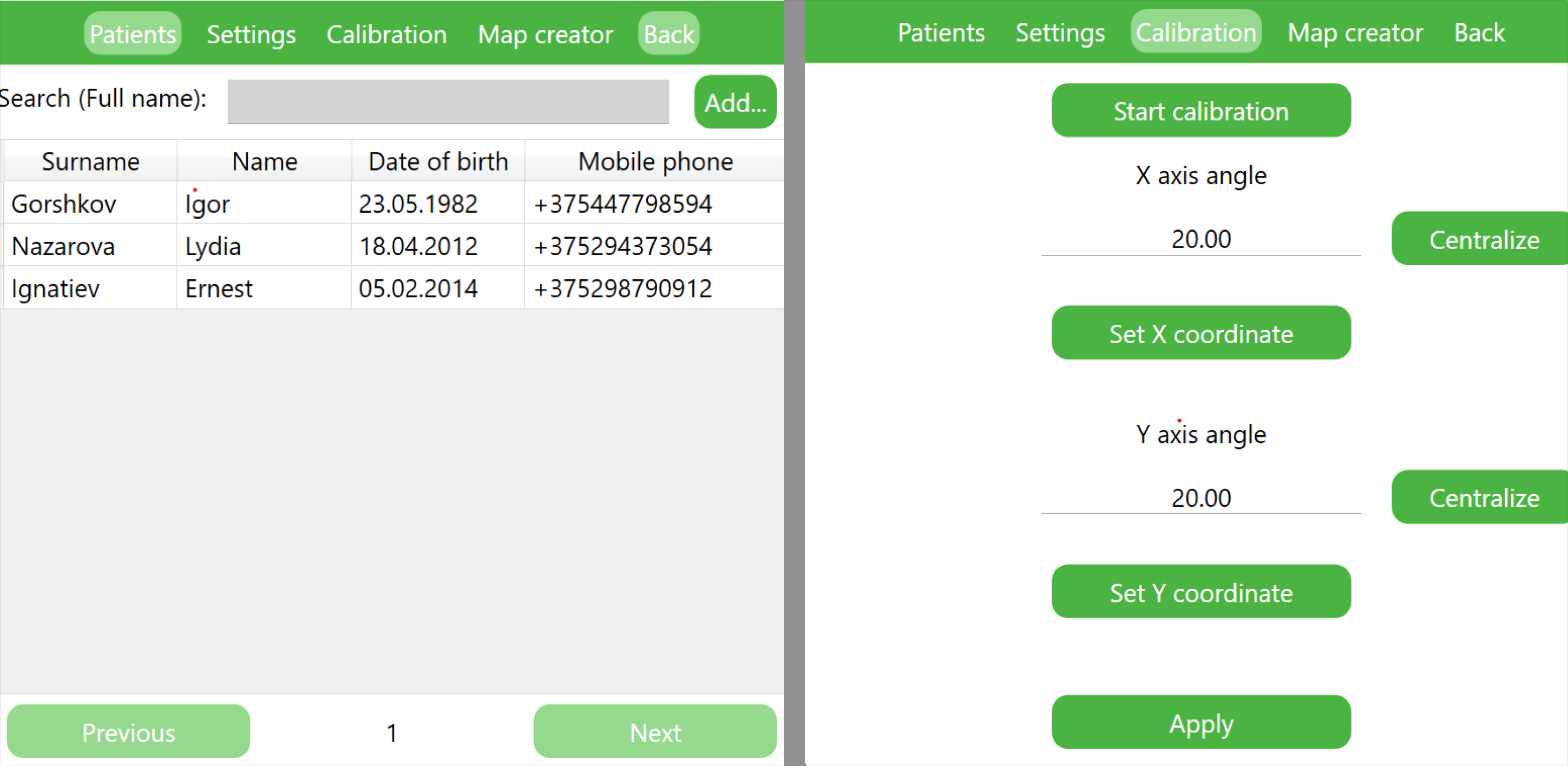 Patient list and balance calibration screens of the rehabilitation desktop software