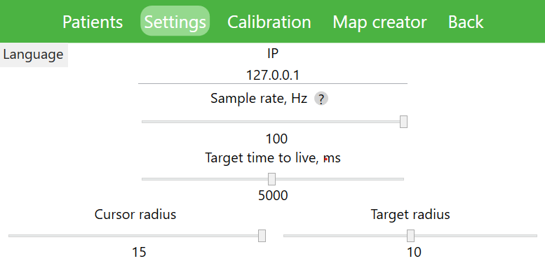 Settings screen of the rehabilitation app with sliders for sample rate, target time, and cursor radius