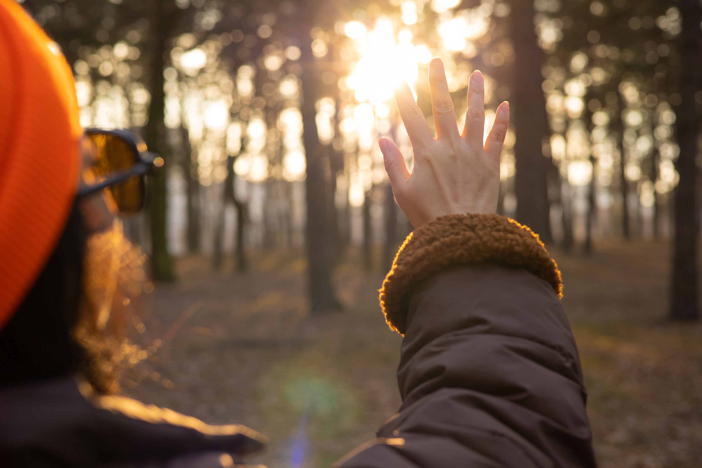 Person in an orange beanie raising a hand toward sunlight filtering through forest trees