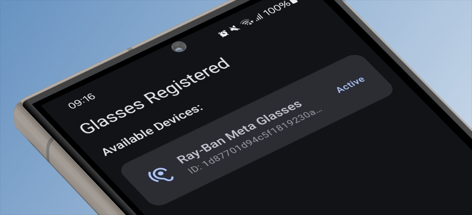Phone showing the Travel Hands app with Ray-Ban Meta Glasses registered and active