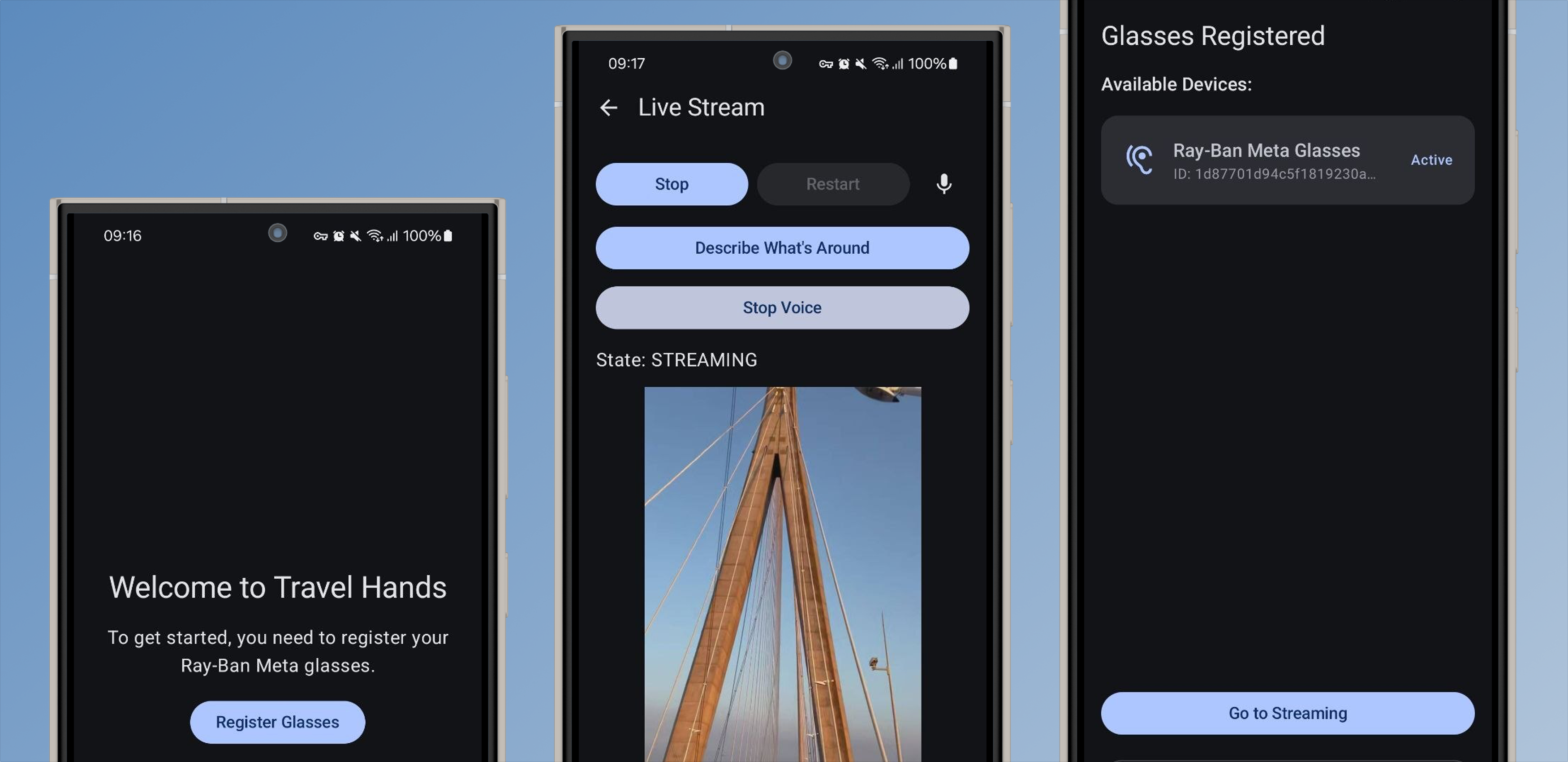 Travel Hands app screens: register Ray-Ban Meta glasses, live video stream, and connected glasses list