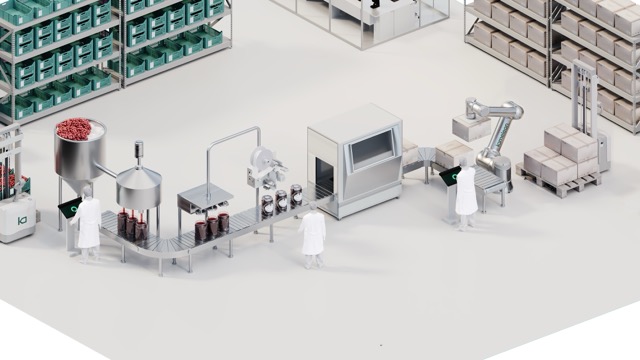 Industrielt produksjonsanlegg med automatisert samlebånd og roboter som håndterer og pakker produkter.