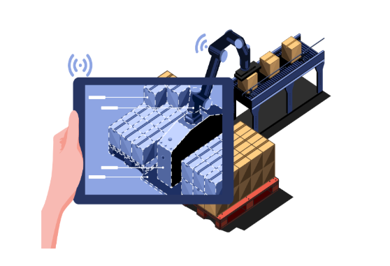 Hånd som holder nettbrett med augmentert virkelighet som viser robotarm som pakker og flytter esker på et bånd og en paller med esker.