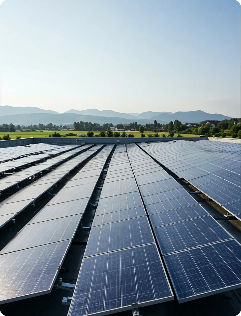 Rows of solar panels installed on a flat rooftop with green fields and mountains in the background.