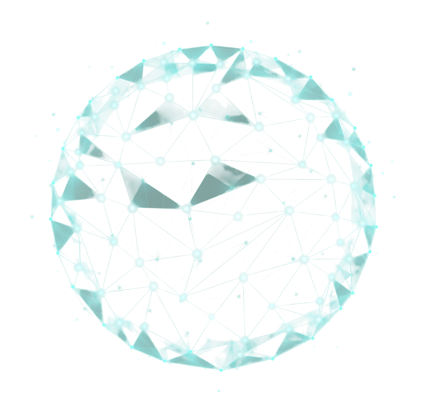 Glowing blue digital network sphere with interconnected nodes on a black background.
