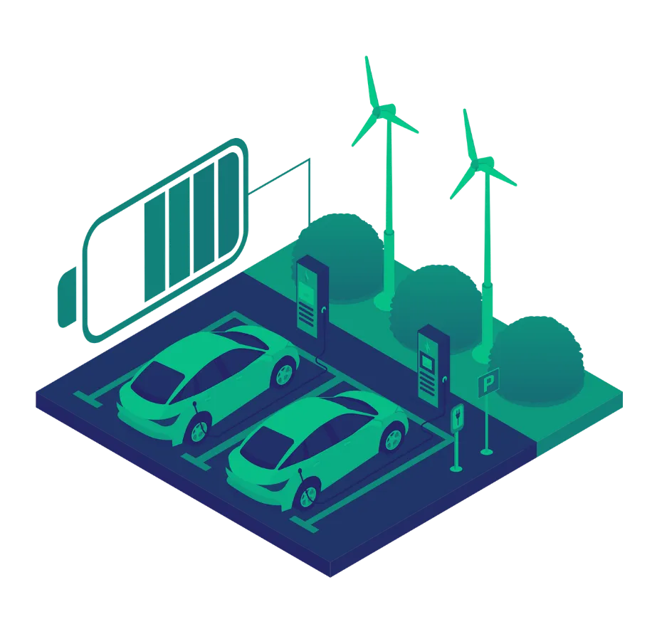 Two electric cars charging at stations with wind turbines and battery icon nearby.