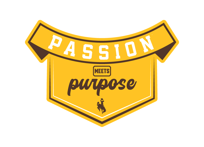 Yellow badge with the words 'PASSION MEETS purpose' and a small silhouette of a person riding a bucking horse at the bottom.