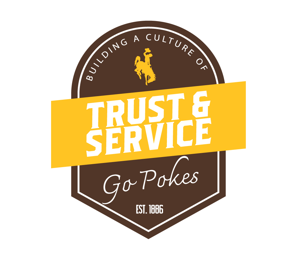 Shield-shaped logo with cowboy riding a horse silhouette, text reading 'Building a culture of Trust & Service, Go Pokes, Est. 1886' on a brown and yellow background.