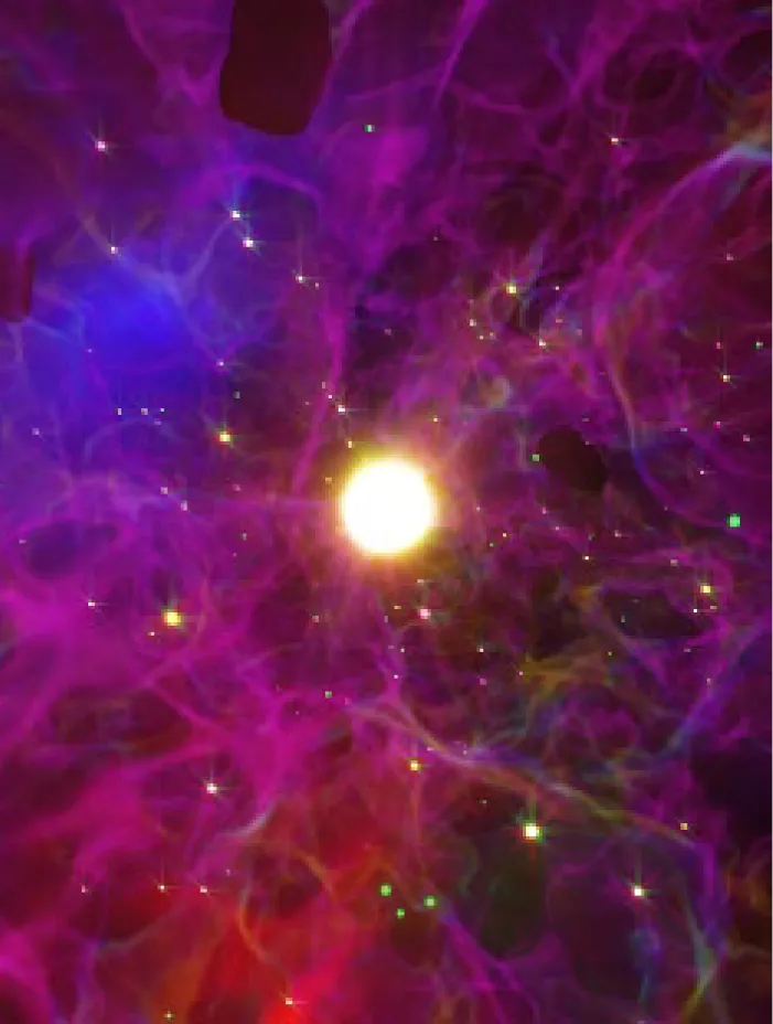 Bright glowing sphere surrounded by colorful abstract nebula-like structures.