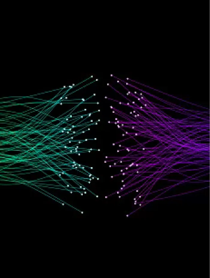 Two streams of green and purple data lines meeting on a black background.