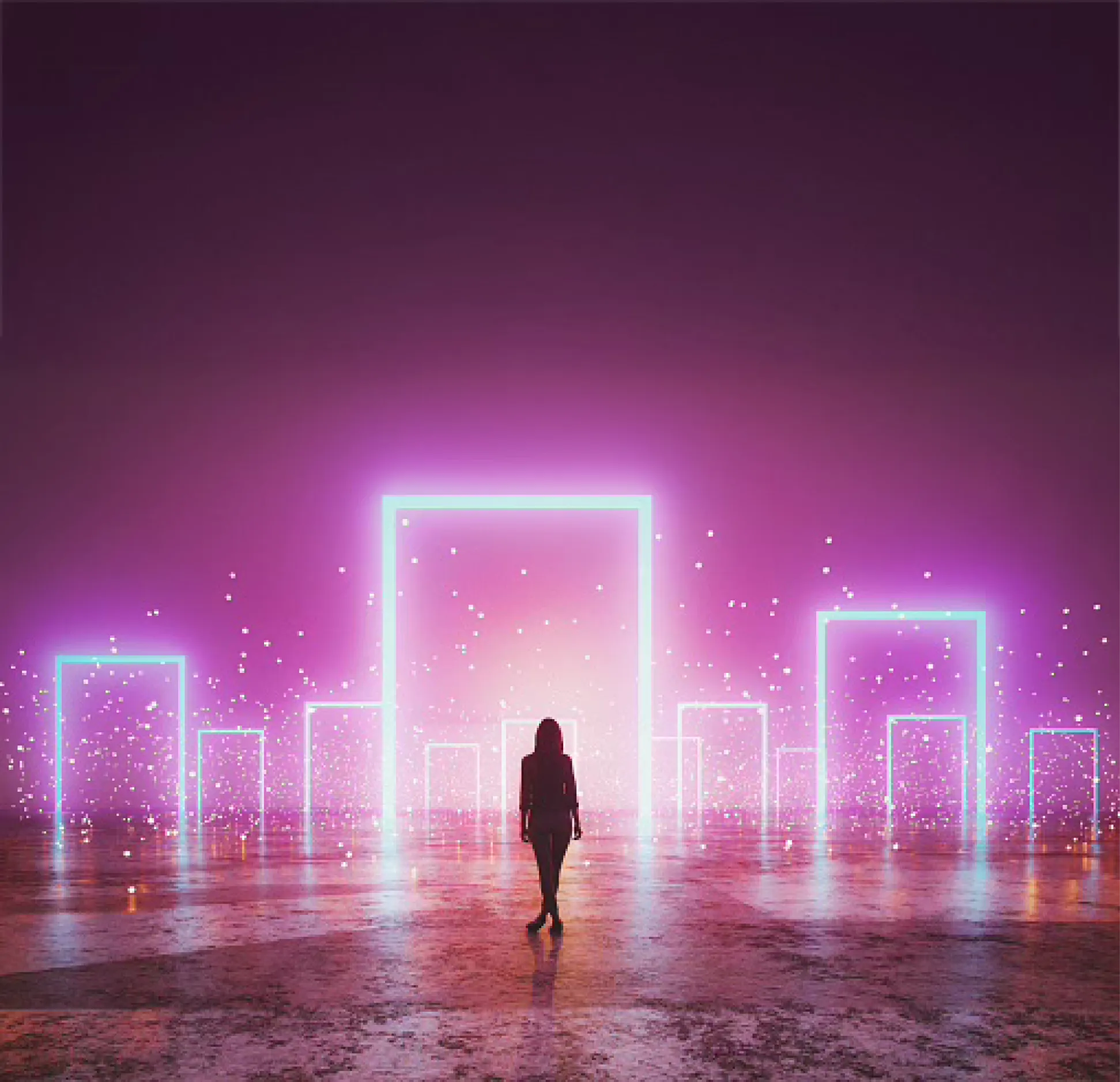 Silhouette walking through glowing neon portal in surreal pink landscape
