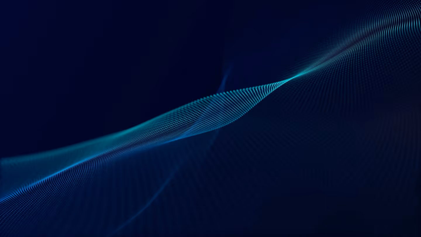 Blue and teal digital wave of glowing particles on dark background
