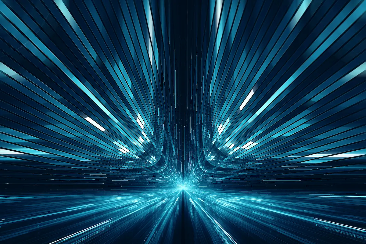 Abstract blue digital tunnel with streaks of light creating a futuristic motion effect.