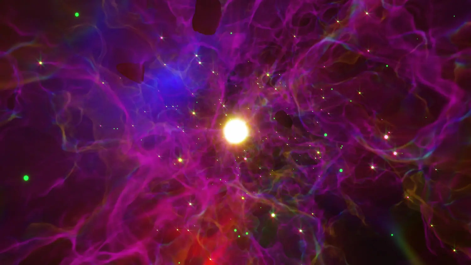 Bright glowing sphere surrounded by colorful abstract nebula-like structures.