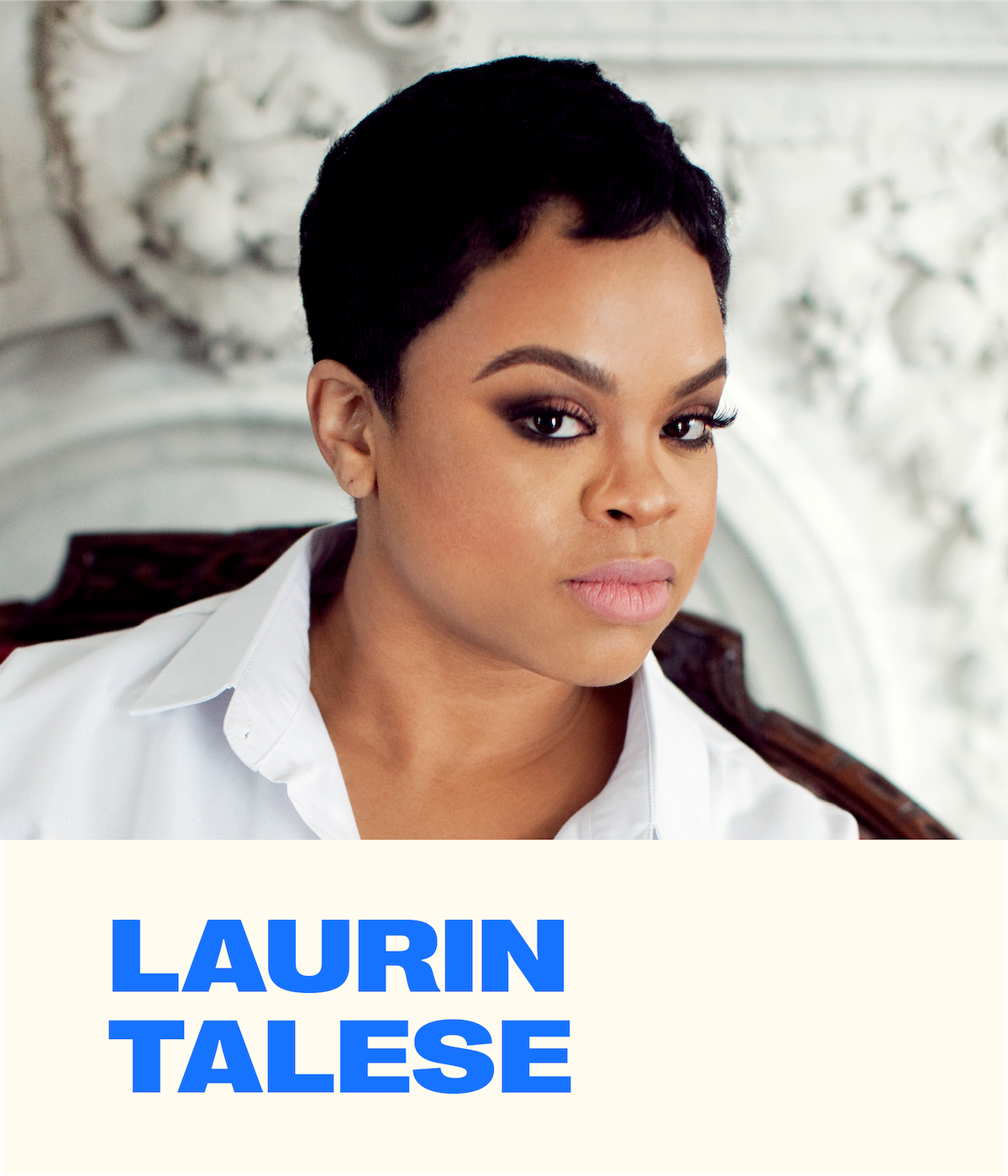Laurin Talese pictured sitting in a chair in front of an ornate mantel