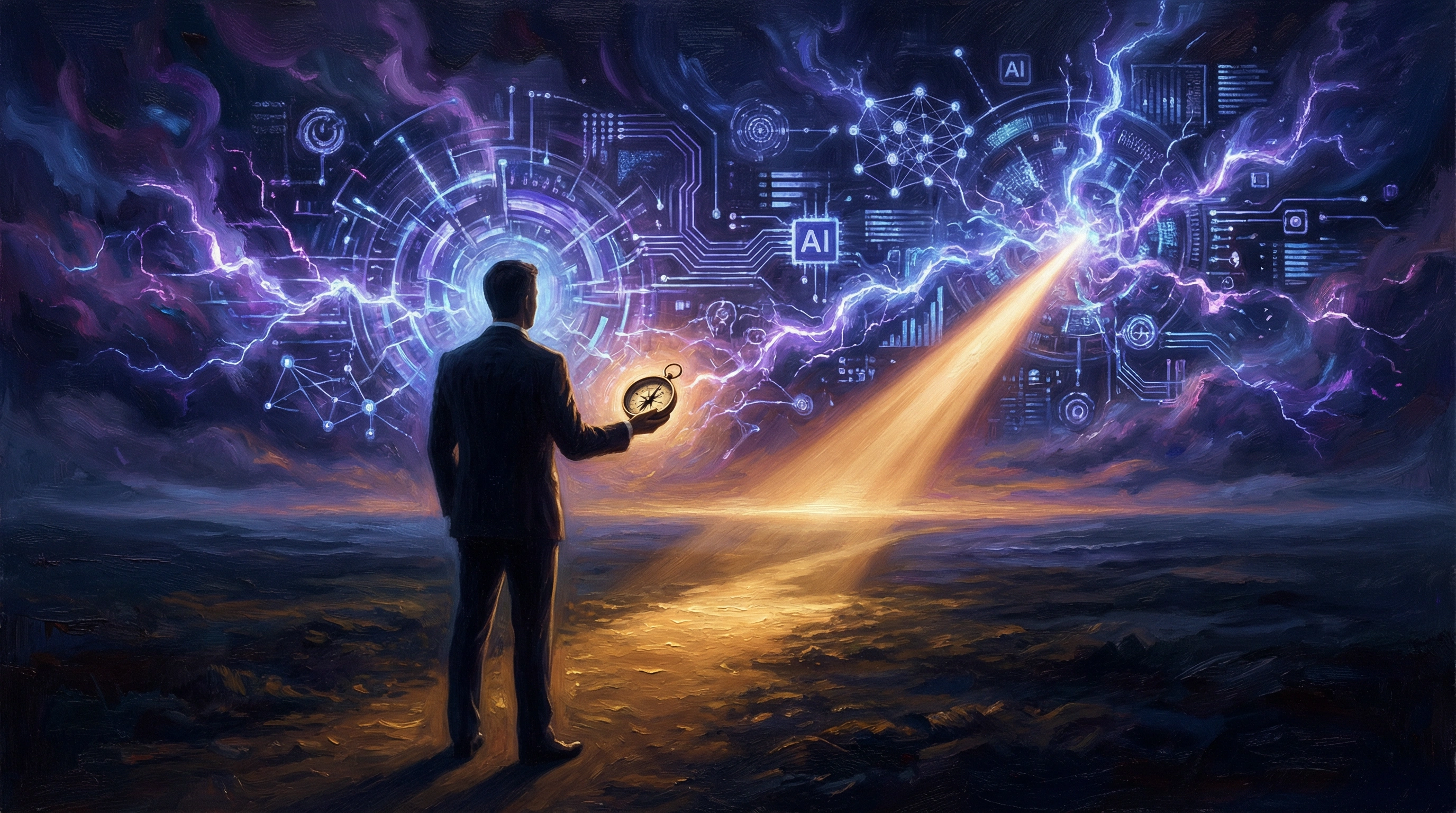 A founder holding a compass facing a storm of AI digital chaos with golden light breaking through