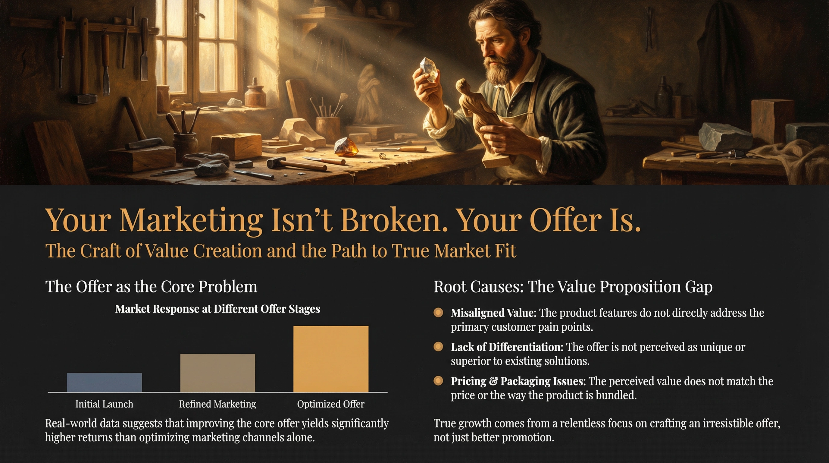 A craftsman in a golden workshop examines an unfinished gemstone in a shaft of light, representing the craft of offer design.