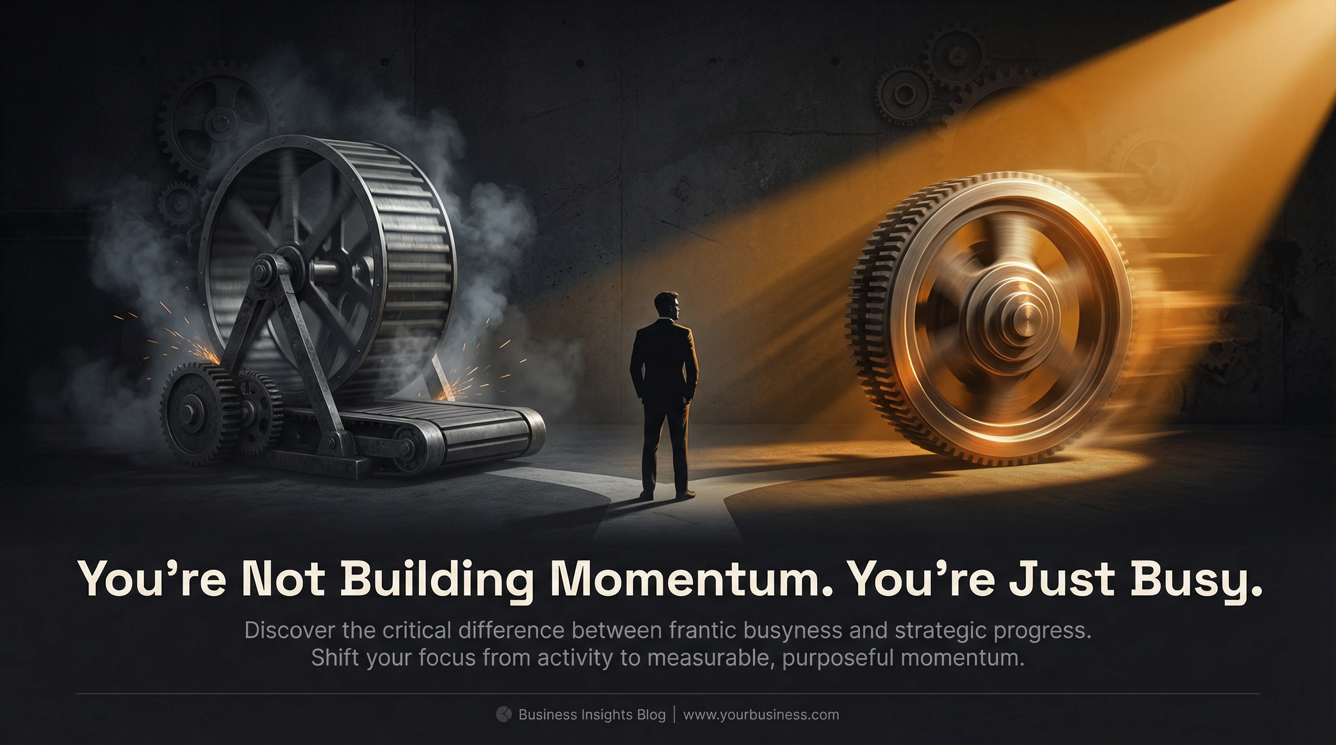 A figure standing between a grinding treadmill and a spinning flywheel, representing the choice between exhausting busyness and compounding momentum