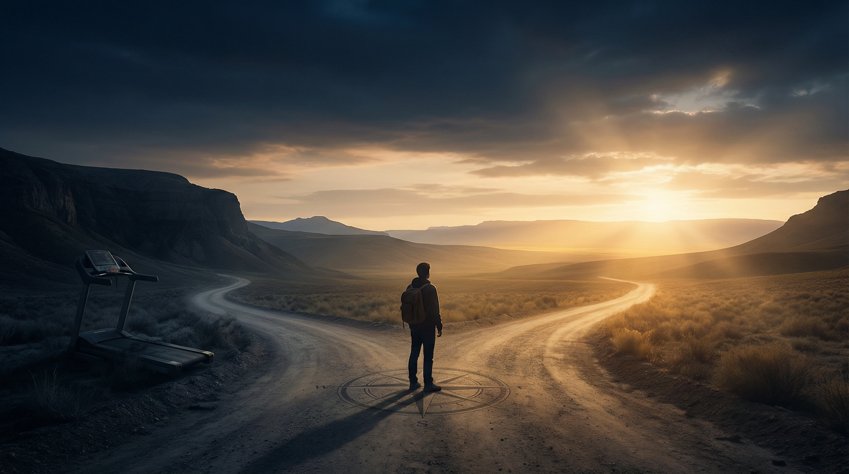 A founder standing at a crossroads between a treadmill in shadow and a glowing horizon representing momentum