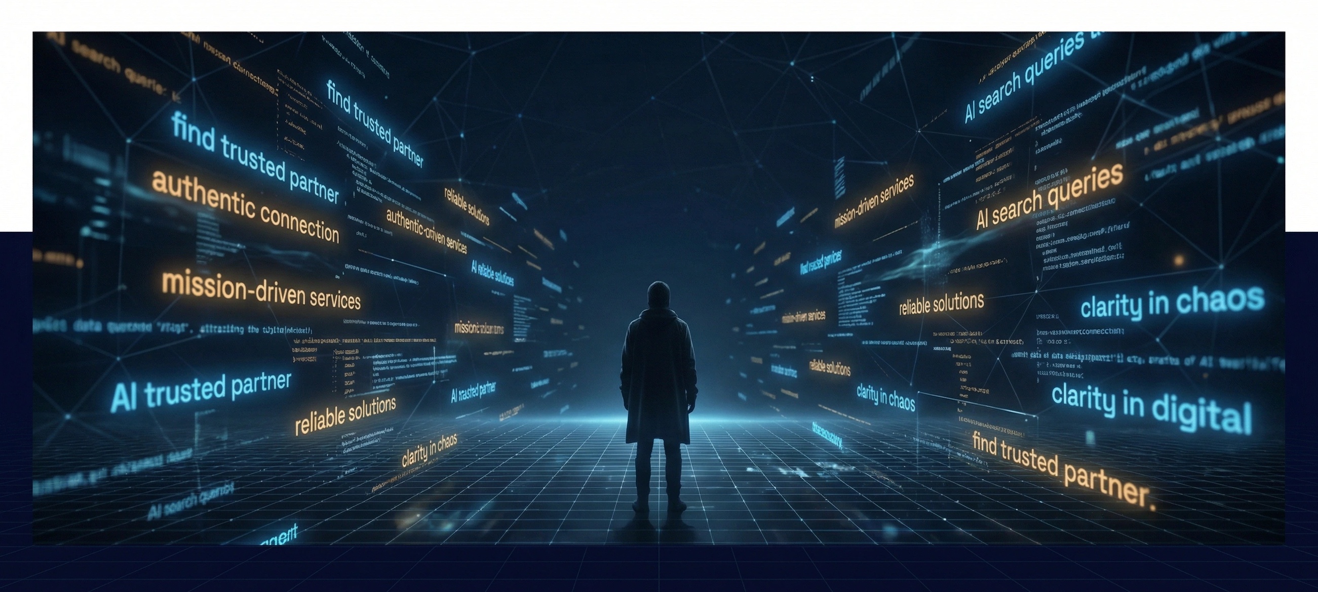 A lone figure standing in a vast digital landscape surrounded by glowing AI search queries