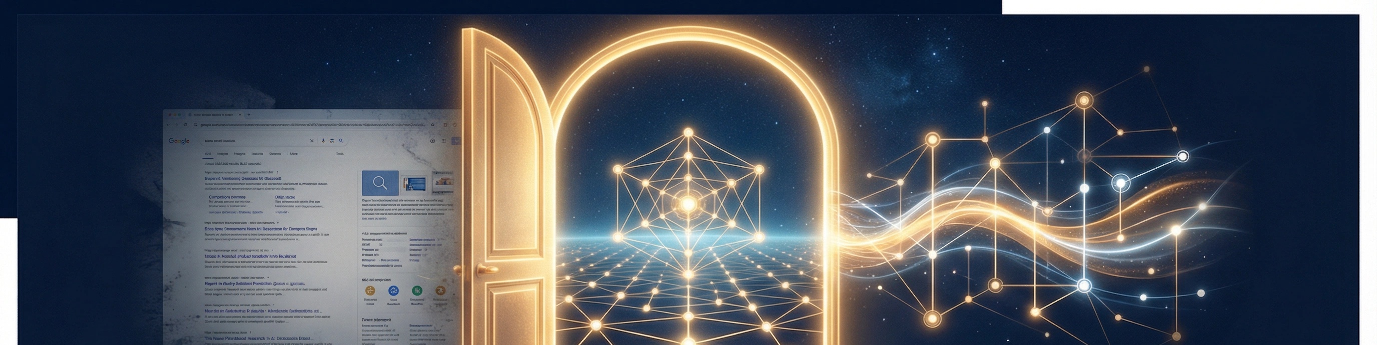 A luminous doorway opening into a network of AI-powered knowledge nodes, representing the shift from traditional search to AI discovery