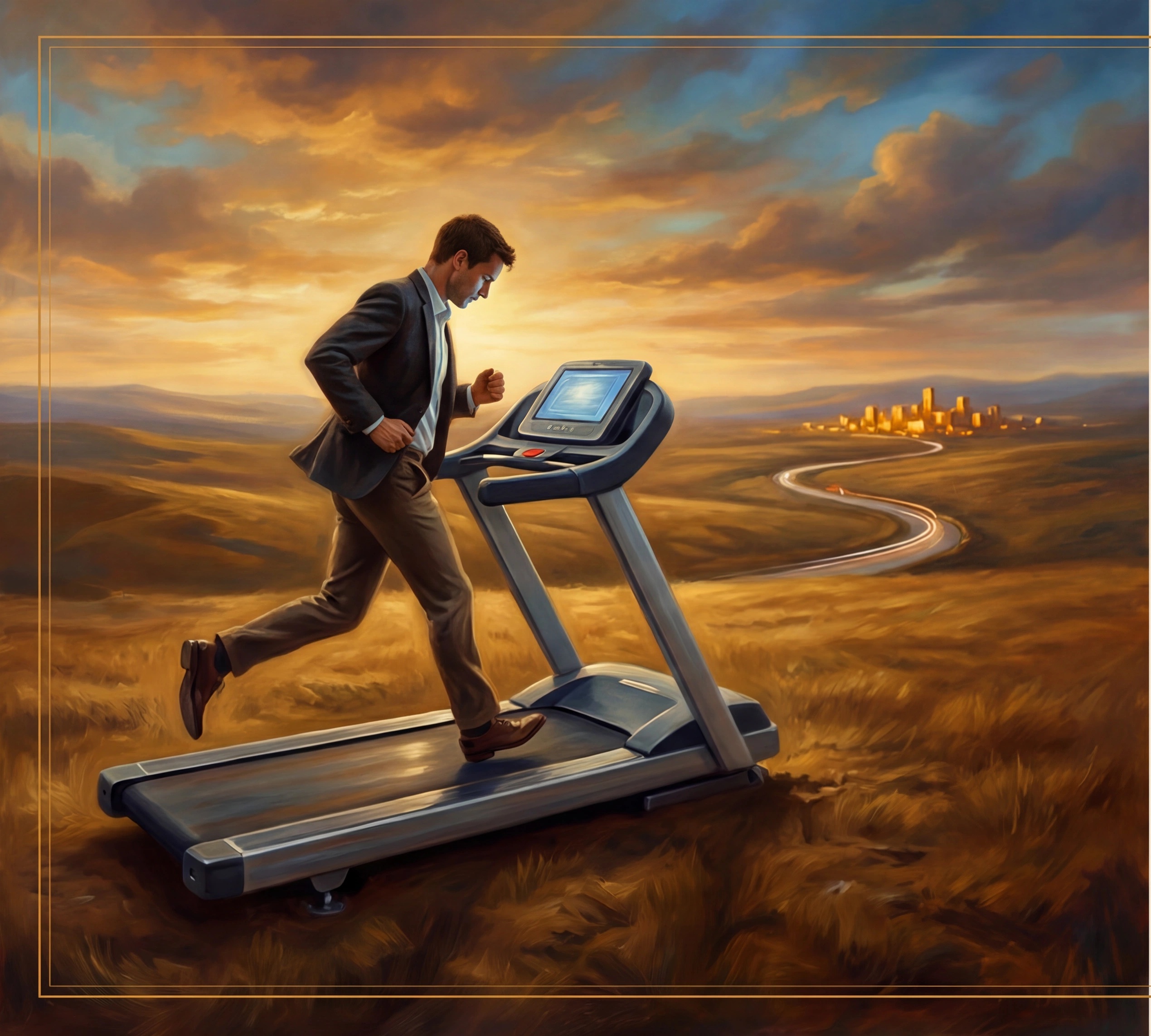 A founder running on a treadmill in a vast open landscape, representing the trap of confusing activity with progress