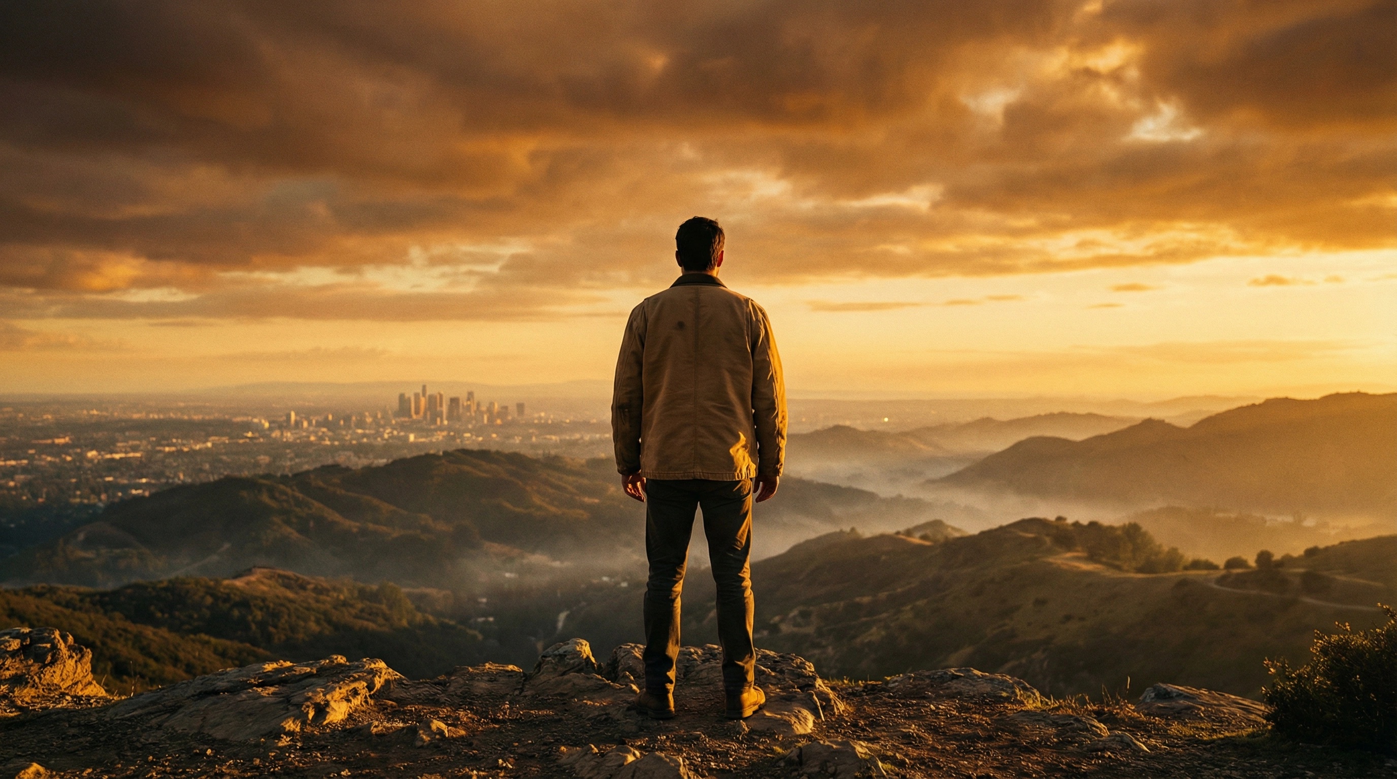 A founder standing on a hillside at golden hour, overlooking a city.