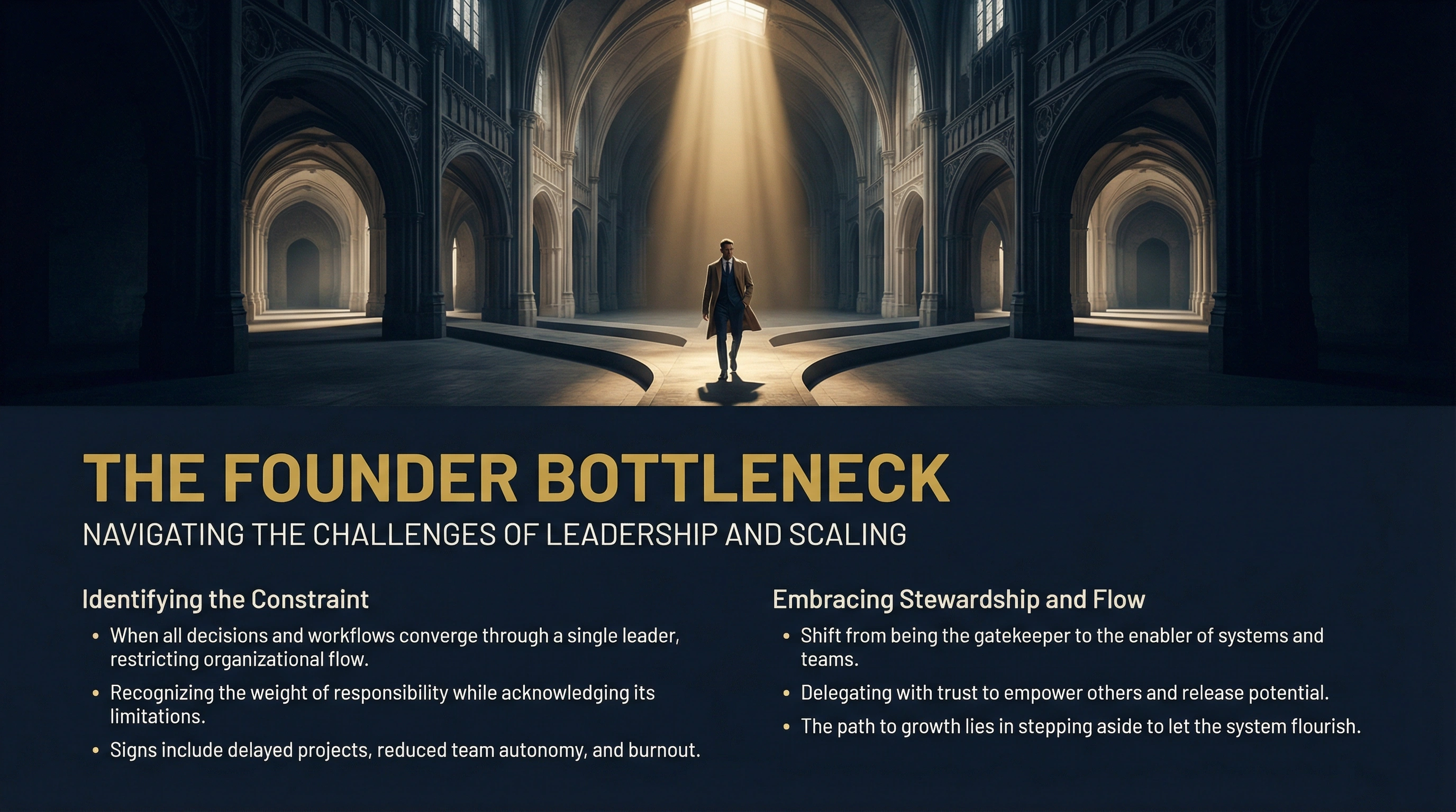 A lone founder standing in a grand architectural space under a beam of light, representing the founder bottleneck concept